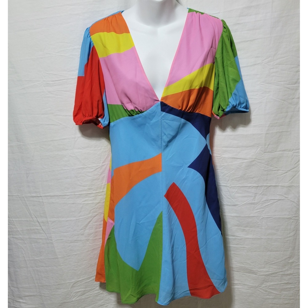 Staud Mini Milla Dress Women's Size 8 Capri/Coastal Marble Puff Sleeve